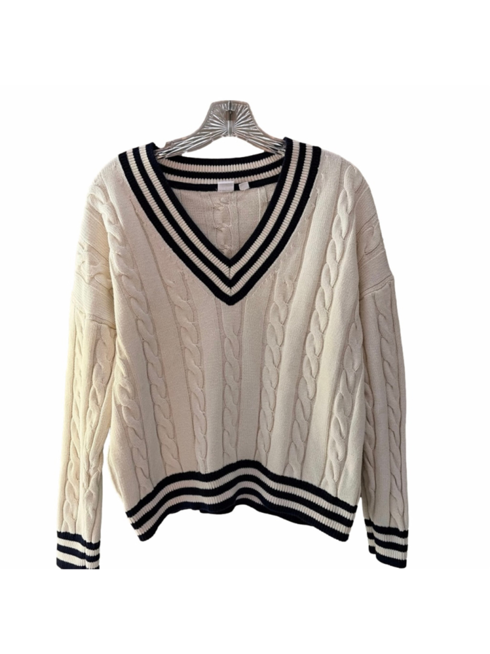 100% Cotton V-Neck Tennis Golf Cricket Sweater White Navy Women's Size Large